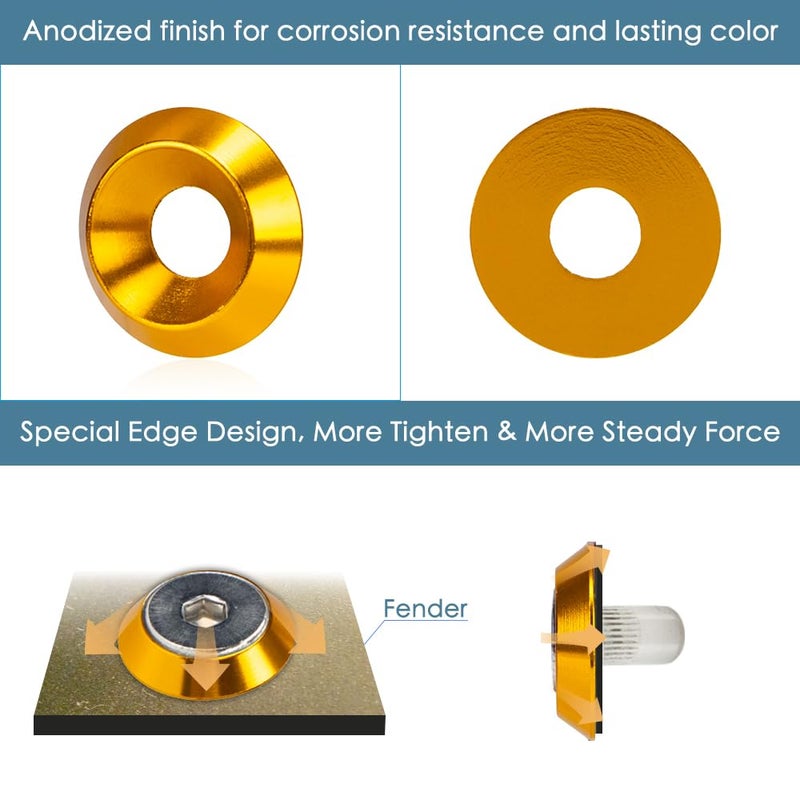 Rolling Gears 48-Piece M6 Gold Tapered Anodized Aluminum Washer Bolt Kit, Hardware Kit for Widebody, Fender Flares, Bumpers, Mud Flaps and Engine Bay Dress-Up - Image 4